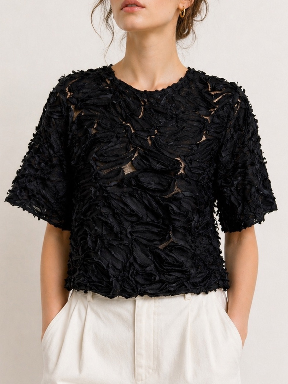 See And Be Seen Black Textured Chiffon Top Medium Sheer Blouse